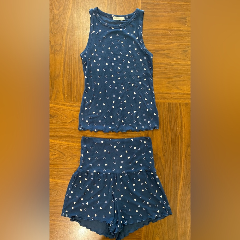 Barefoot Dreams Malibu Collection Pajama Shorts Set XS Navy Light Pink Hearts